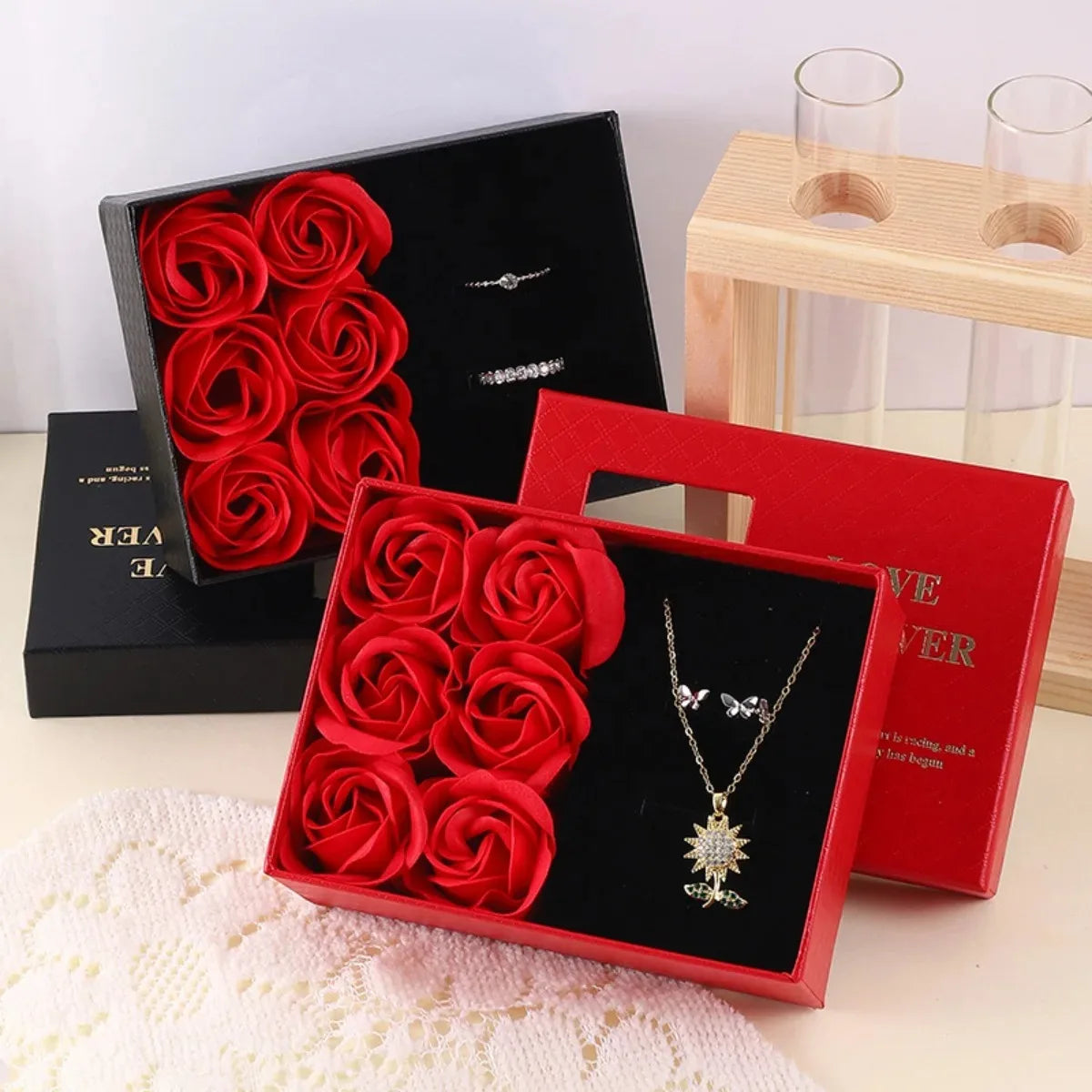 Romantic Gift Packaging Box with Bag Flower Valentine's Day Rose Gift Box for Ring Pendant Jewelry Present Window Opening Design